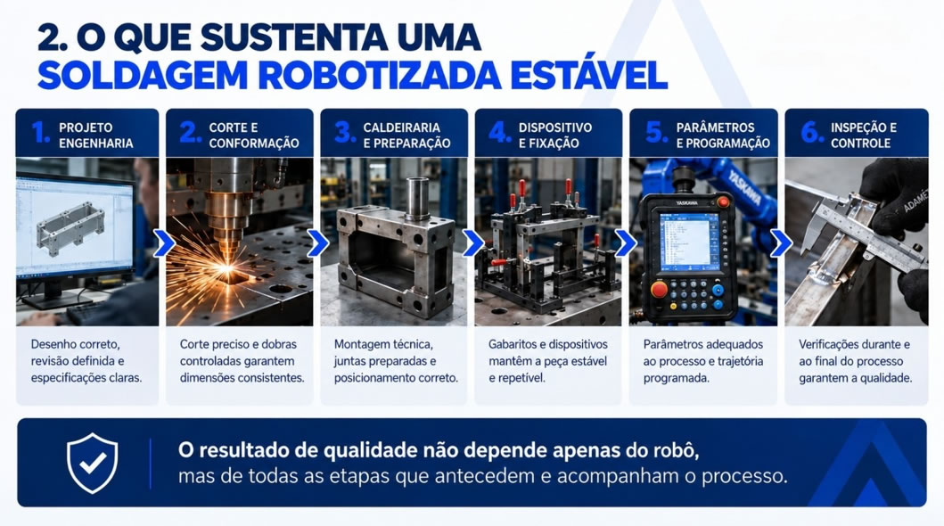 O que sustenta uma soldagem robotizada estável: qualidade do cordão é resultado de um sistema integrado e controlado.